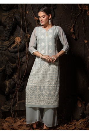 Grey Color Designer Georgette Straight Cut Kurti